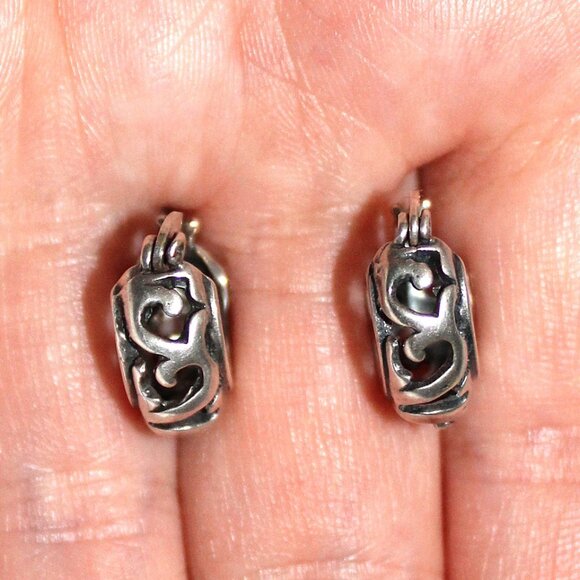 Sterling Silver Huggie Open Work Small Hoop Earrings - Picture 5 of 6